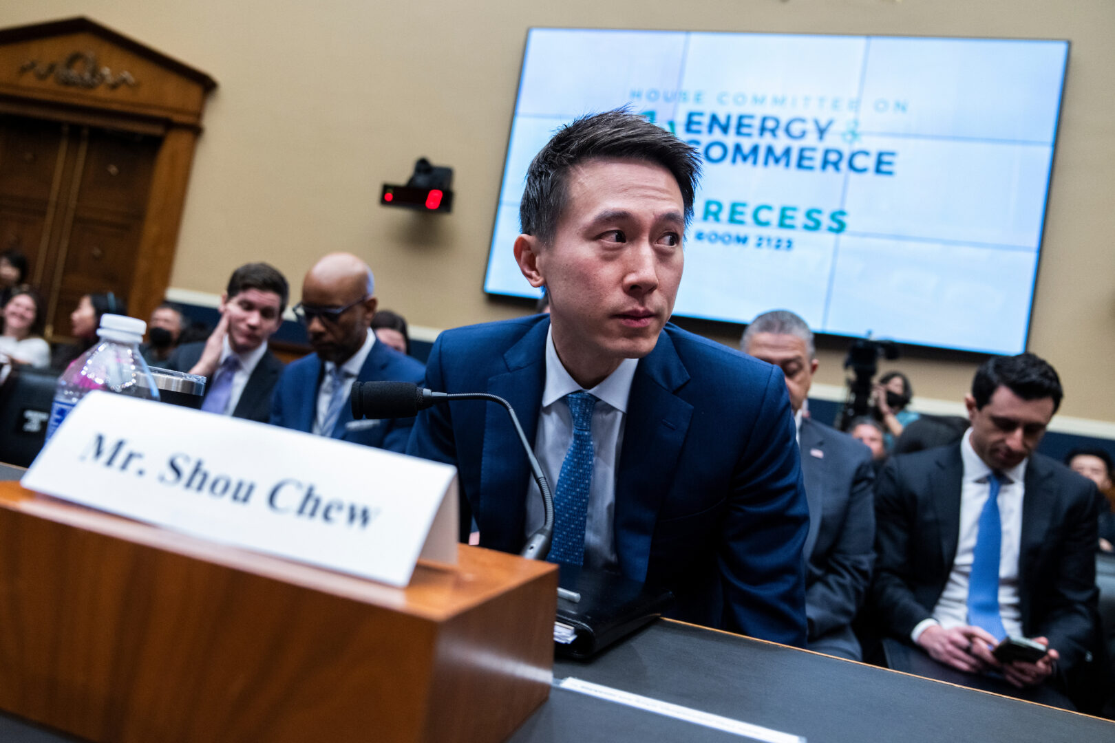 TikTok CEO Shou Zi Chew prepares to testify before the House Energy and Commerce Committee on March 23, 2023. (Tom Williams/CQ Roll Call)