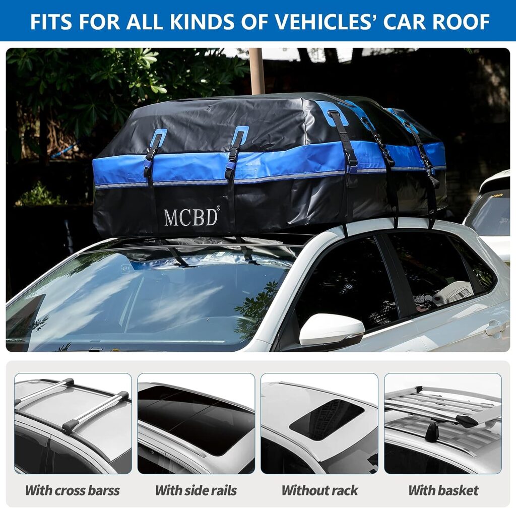 Rooftop Cargo Carrier, 21 Cubic Feet Soft-Shell Waterproof Car Roof Luggage Bag for All Vehicles SUV with/Without Rails, Includes 10 Reinforced Straps + 6 Door Hooks,Storage Bag,Anti-Slip Mat