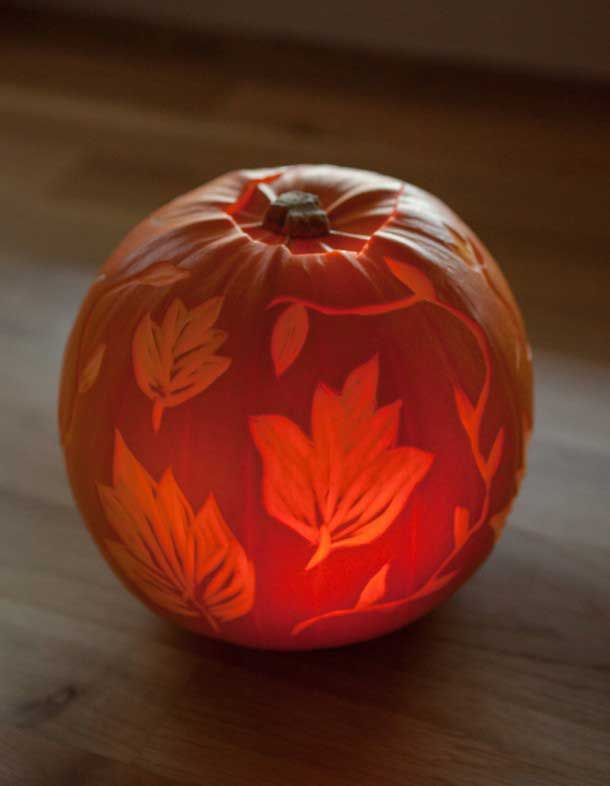 etched leaves on pumpkin