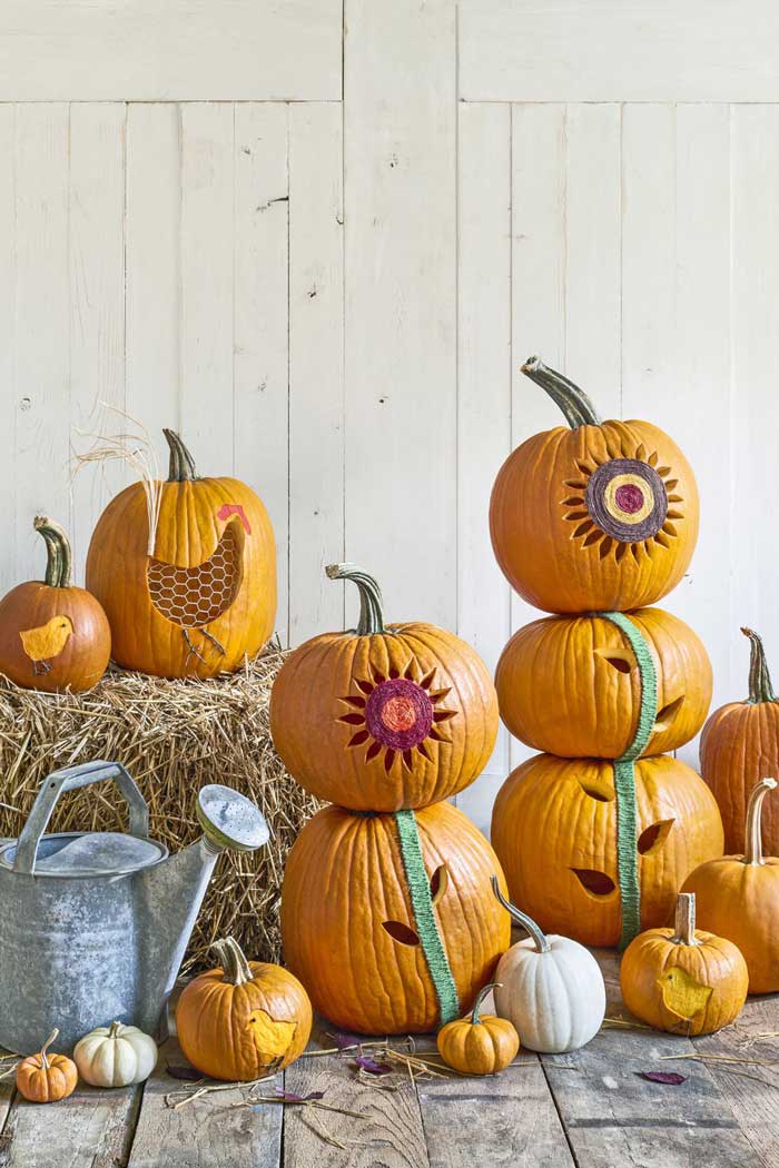 sunflowers carved into pumpkins