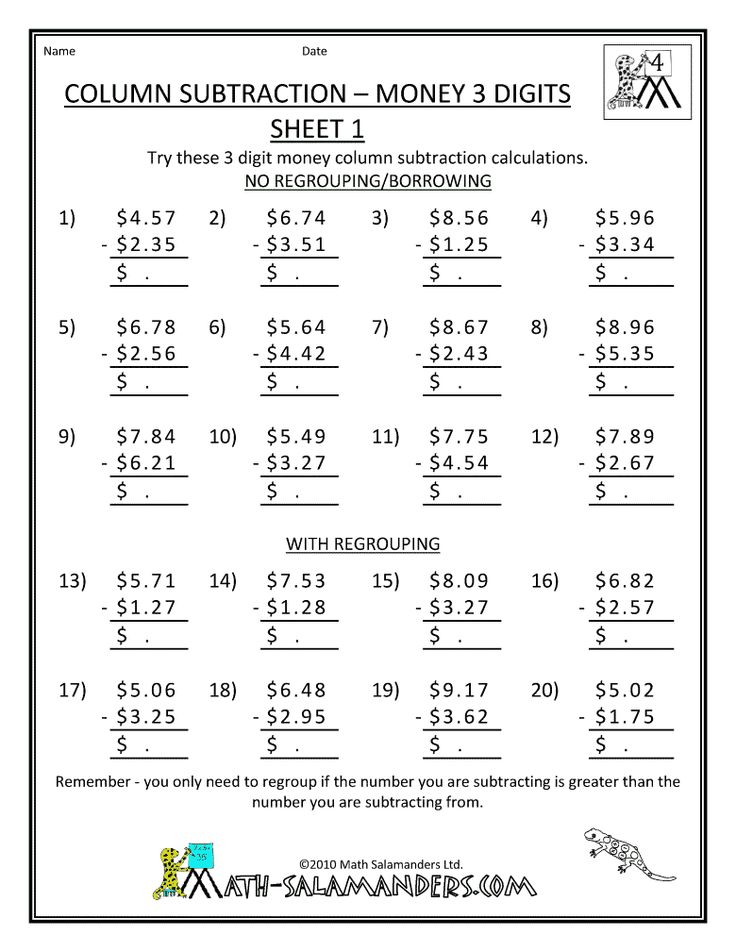 free subtraction worksheets column subtraction of money 3 digits