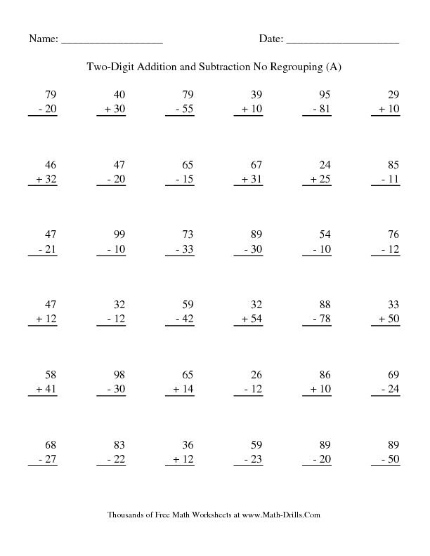 Adding and Subtracting Two-Digit Numbers -- No Regrouping (A) | Home ...