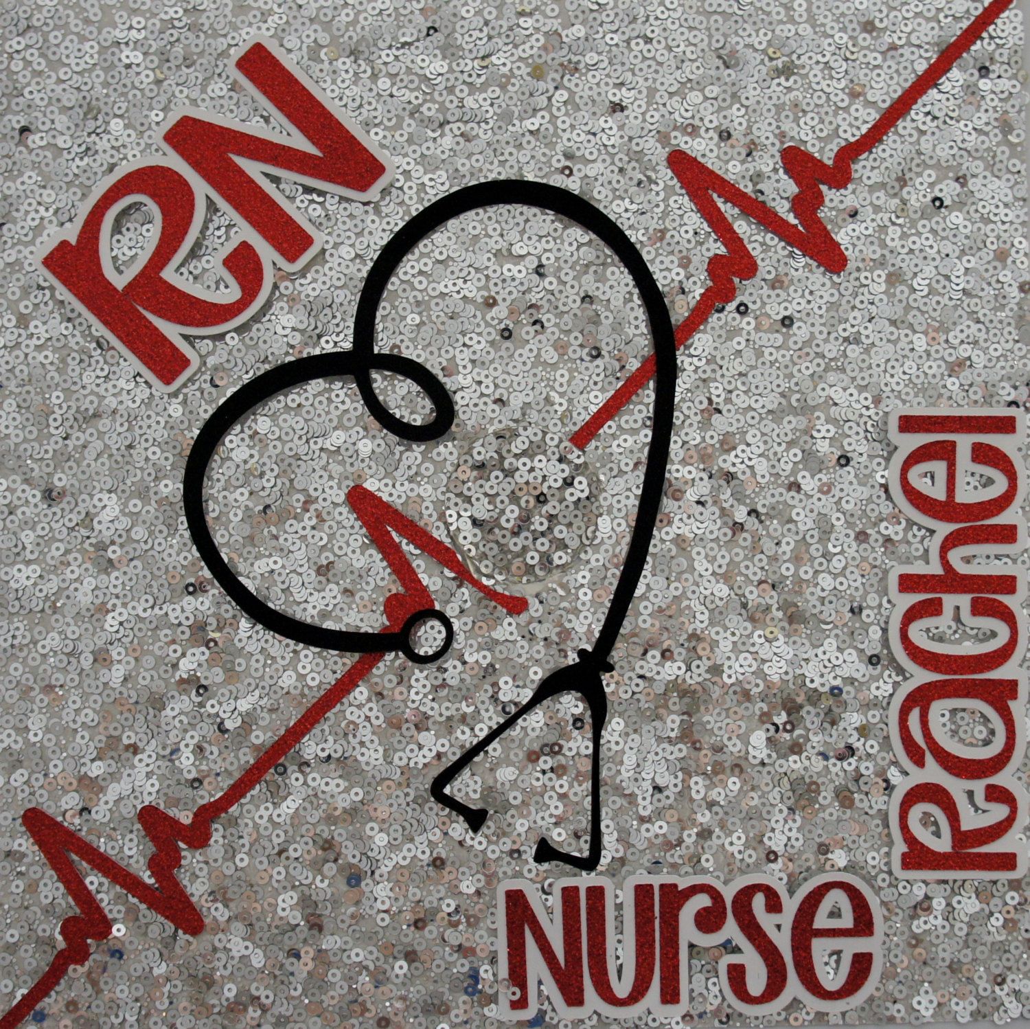 Custom Nurse With Stethoscope And EKG Line Glitter Graduation Cap