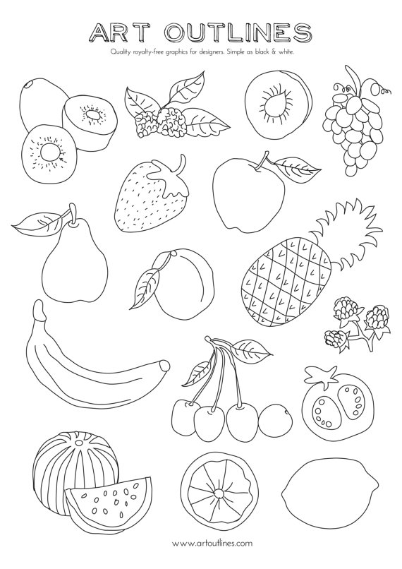 Set of Fruits - Art Outlines Full Page 16 Original Hand Drawn Outline ...