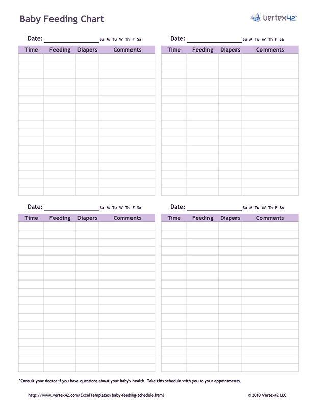 Free printable Baby Feeding Chart (PDF) from Vertex42.com | Daycare ...