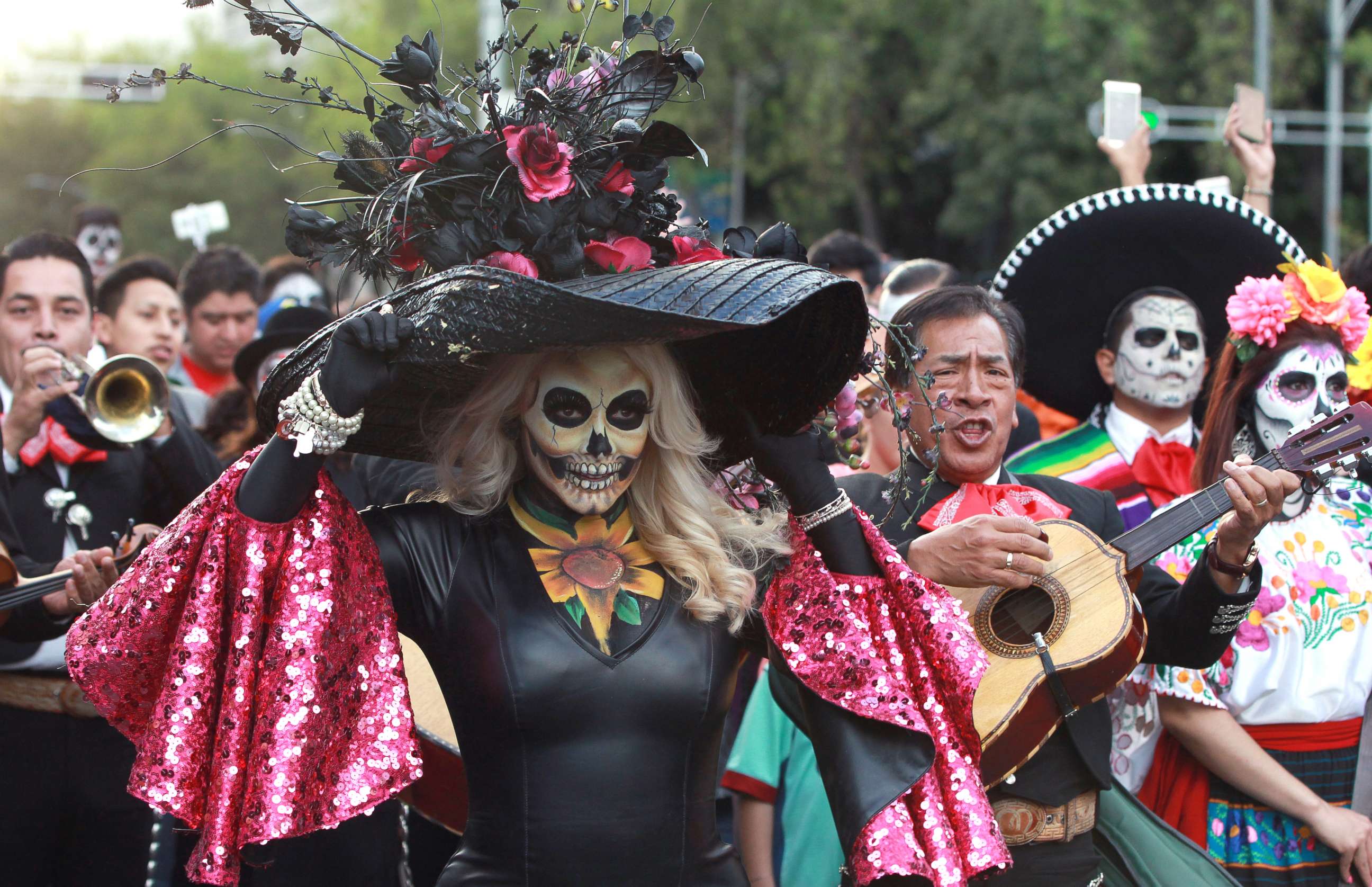 PHOTO: People participate in the the parade of "Catrinas," in Mexico City, Oct. 22,  2017.