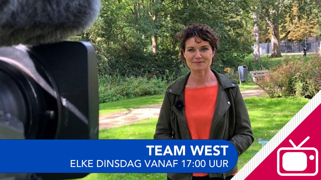 Kirsten kijkt in de camera; tekst: "Team West. Elke dinsdag vanaf 17:00 uur" met een tv-icoon.