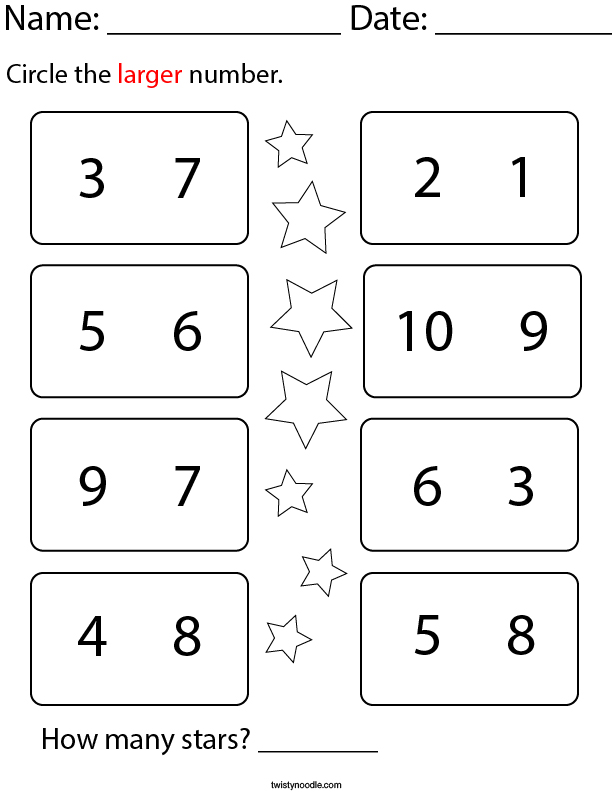 Circle the Larger Number Math Worksheet - Twisty Noodle