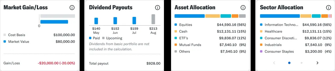 Cards showcasing your portfolio returns, dividend payments, and more