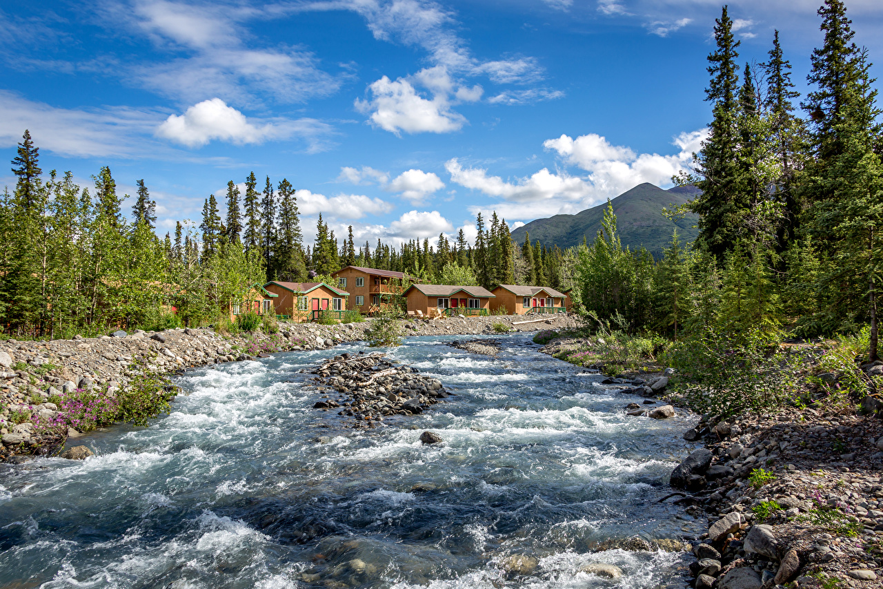 Fonds d'ecran USA Photographie de paysage Rivières Maison Ciel Alaska  Denali Borough Arbres Nature télécharger photo