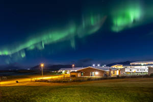 Fonds d'écran Islande Maison Aurore boréale Nuit Réverbère