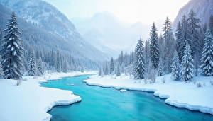 Picture Scenery Mountains Rivers Winter Snow Trees