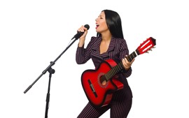 Singer, girl, microphone, guitar, white background