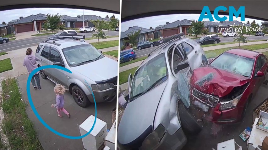 A family in Victoria is counting their blessings after narrowly surviving a terrifying accident that saw a speeding red car careen off the road and smash into their parked vehicle - just as a mum had secured her three-year-old into the back seat.