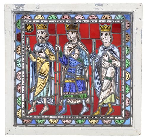 FRAMED STAINED & LEADED GLASS PANEL BIBLICAL MAGI