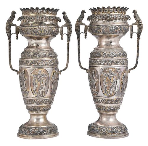 Pair of Persian Silver Two Handled Vases