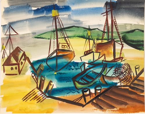 Max Pechstein (German, 1881-1955) Watercolor on Thick Wove Paper 1947, 'Sailboats in a Safe Habor'