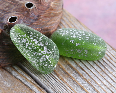 Czech Glass Textured Matte Green Opal w/ Silver Luster Nugget 33x19mm