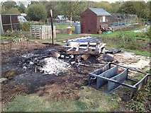 SP2966 : Burnt-down shed, Pottertons Allotments, Warwick by Robin Stott