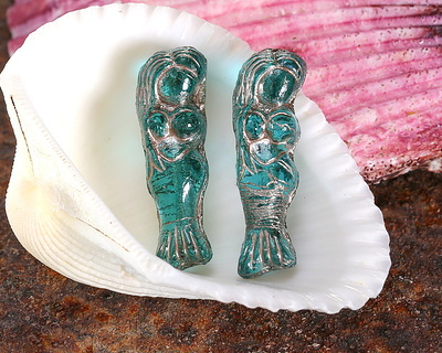 Czech Glass Teal w/ Platinum Mermaid 27x8mm