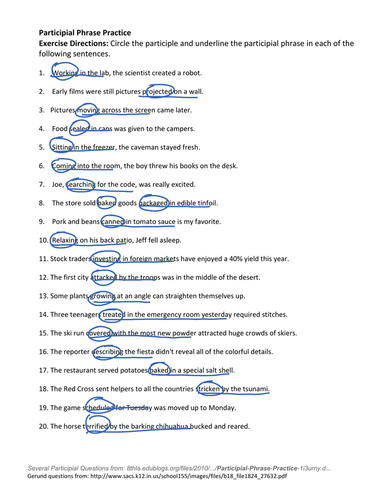 Participles And Participial Phrases Worksheet