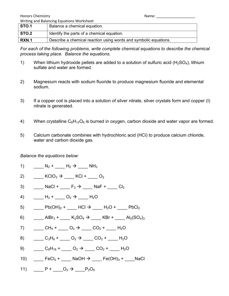 Worksheet- Balancing Equations