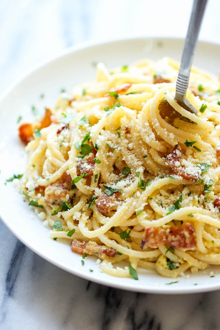 Spaghetti Carbonara - The easiest pasta dish you will ever make with just 5 ingredients in 15 minutes, loaded with Parmesan and bacon!