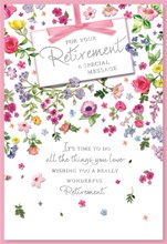 Retirement Greetings Card - Pink Lilac Yellow Flowers with Silver Foil 7.5x5.25"