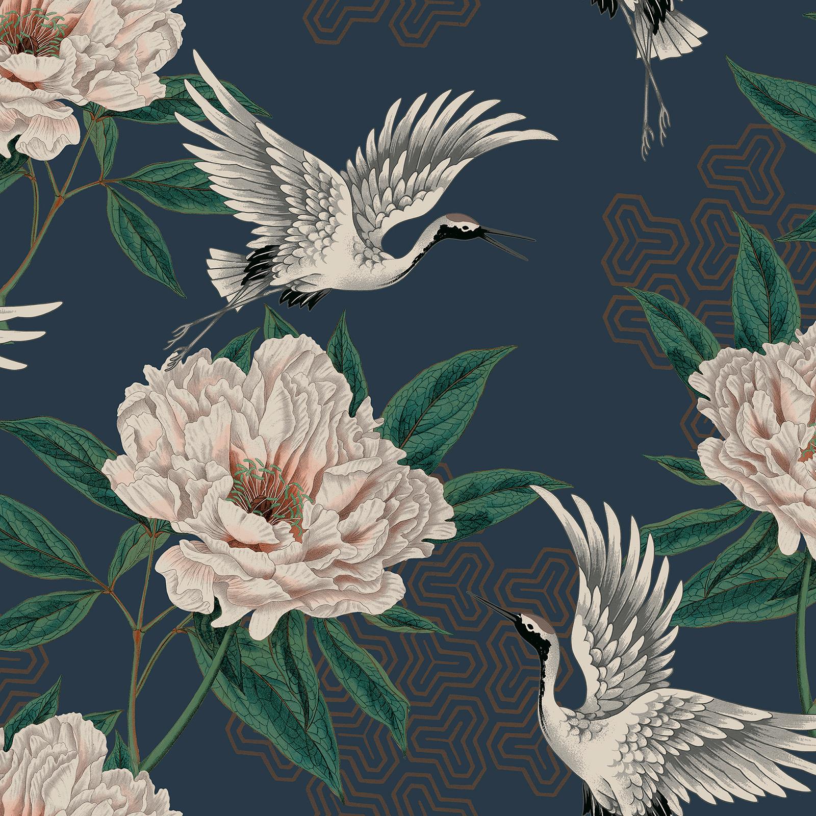 BIRDS WALLPAPER - PEACOCK OWLS CRANE HERON FLORAL METALLIC GLITTER ...