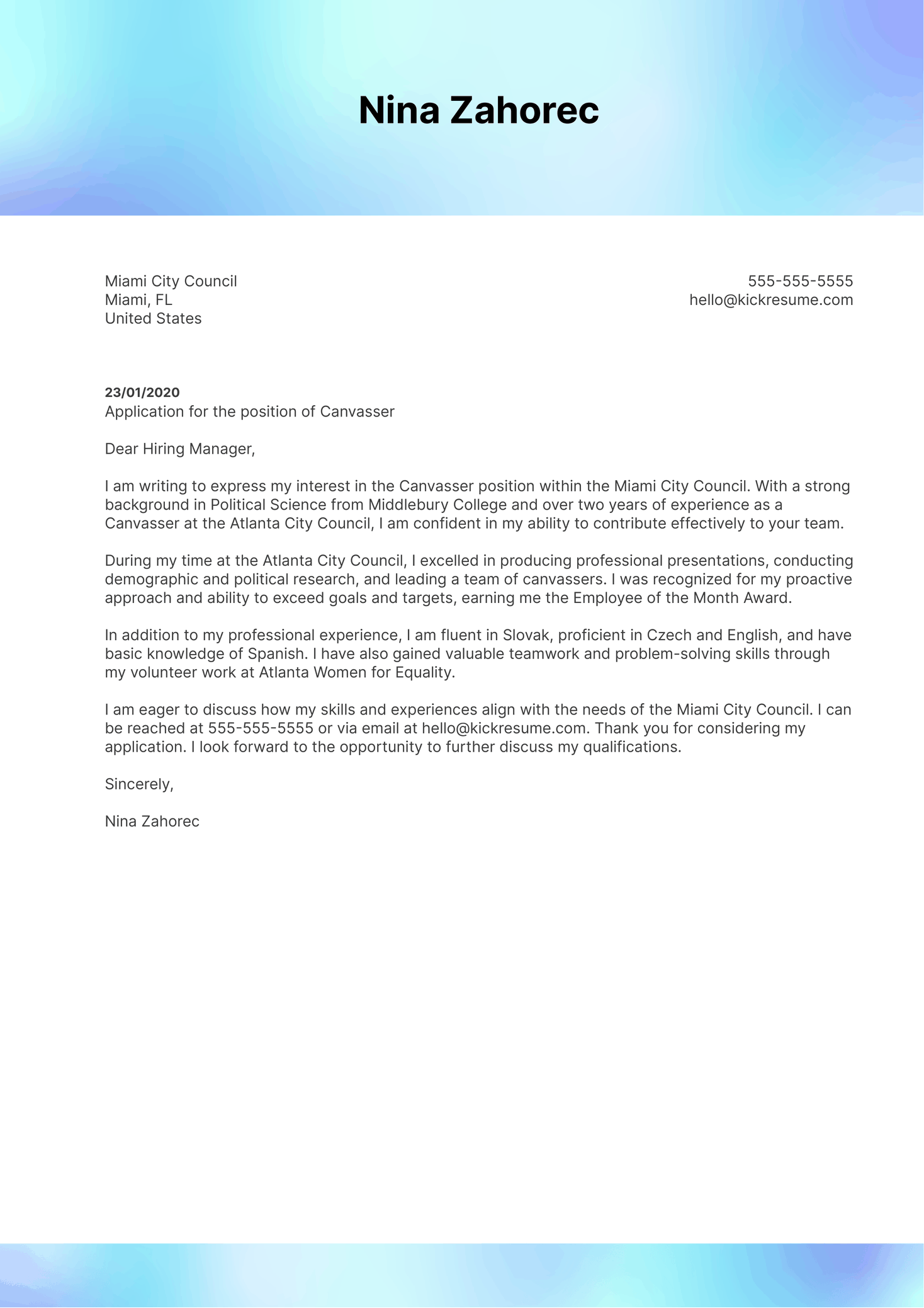 Canvasser Cover Letter Sample | Kickresume