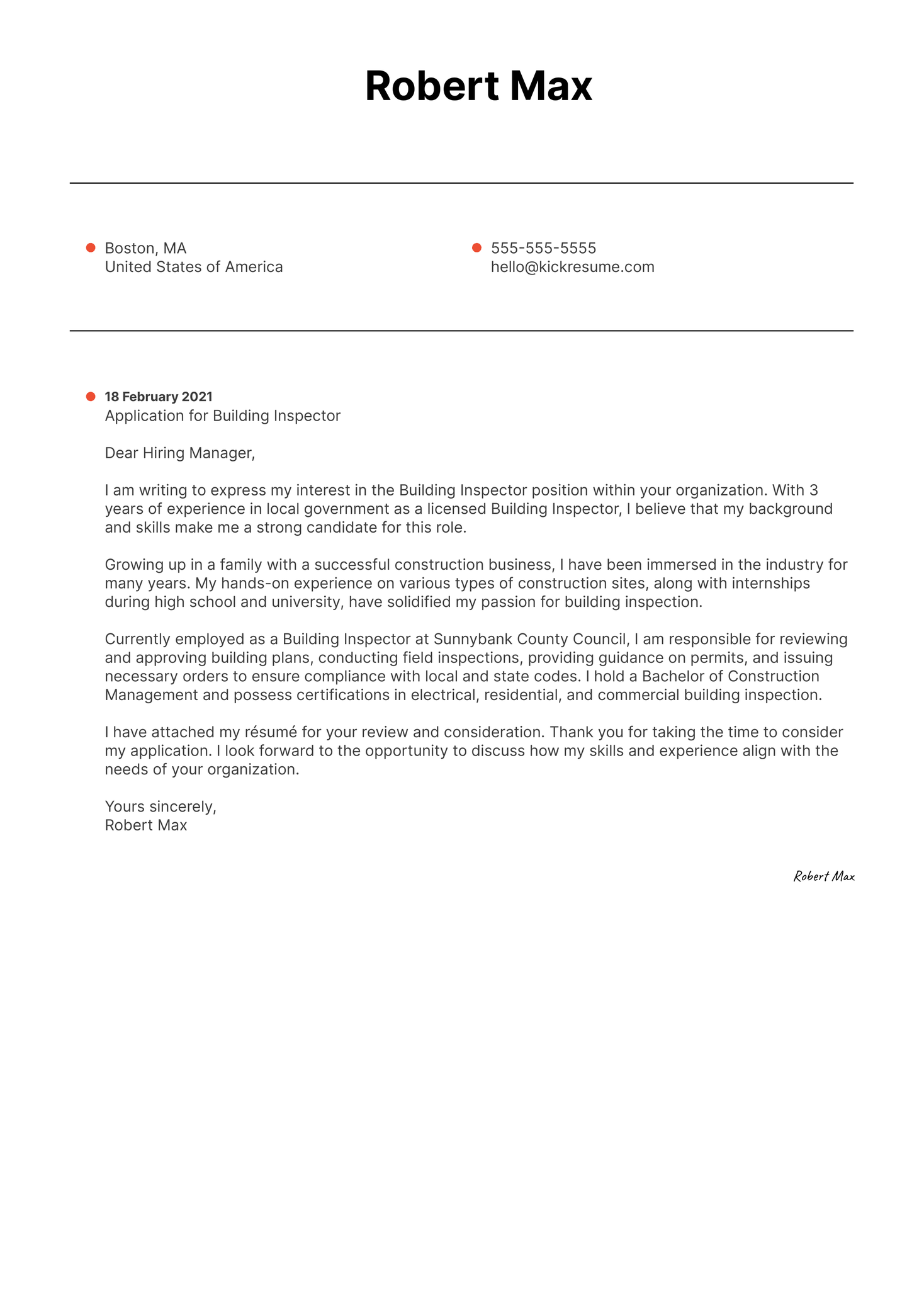 Building Inspector Cover Letter Example | Kickresume