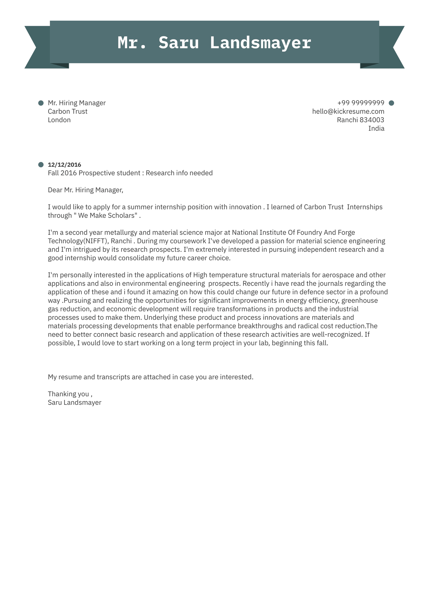 Research Intern Cover Letter Example Kickresume