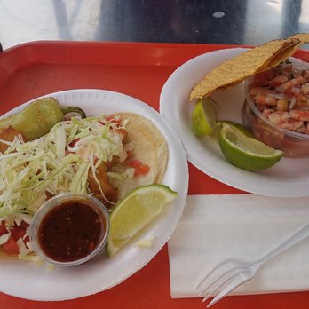 Fish tacos for tacos tueday$2.25 each. Shrimp  ceviche$5.25 comes with 3 tostadas. Yum yum.