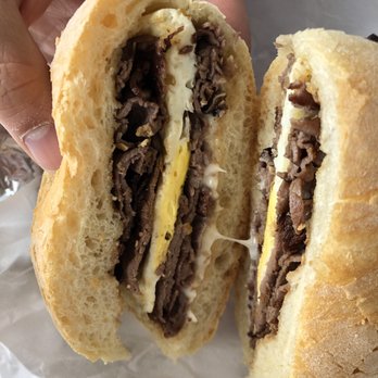 Steak, egg, and cheese sandwich