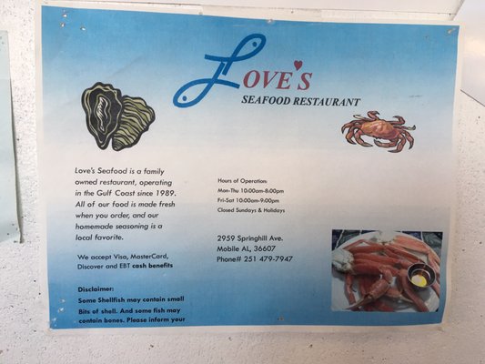 Photo of Love Seafood - Mobile, AL, US. a menu for a seafood restaurant