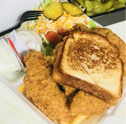 Photo of Super Burger - Clovis, CA, US. Chicken Strip Dinner 4 pc Chicken Strips, Fries, Salad, Soda, & Toast bread