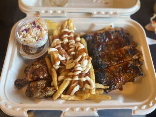 Photo of Memphis BBQ - Woodbridge, ON, CA. Mini combo, honey garlic smoked wings, coleslaw, beans, fries