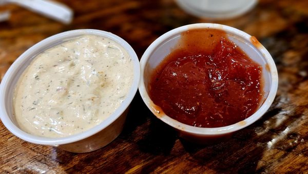 Photo of Piggybacks bbq & catfish - Lake City, SC, US. Sauces are absolutely delicious