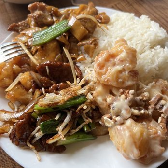 Steamed Jasmine Rice, Honey Walnut Prawn, Mongolian Beef, Beef Chow Fun