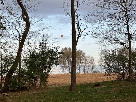 Photo of Country Acres Campground - Gordonville, PA, US. Hot air balloon over adjacent fields.