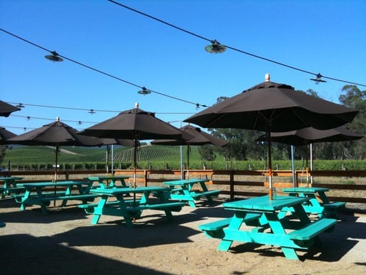 Photo of The Fremont Diner - Sonoma, CA, US. The Fremont Diner's beautiful outdoor patio seating with a scenic vineyard view.