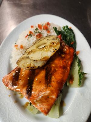 Photo of Old Rangers Inn - Greentown, PA, US. grilled salmon and vegetables on a plate