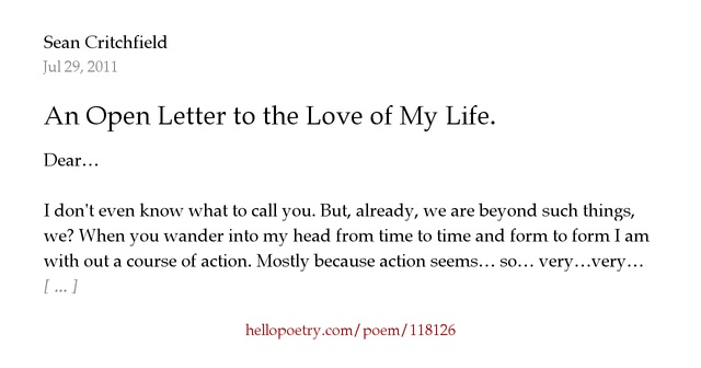 An Open Letter to the Love of My Life. by Sean Critchfield - Hello Poetry