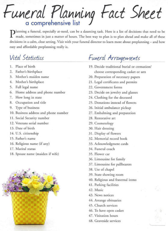 Pre Planned Funeral Worksheets