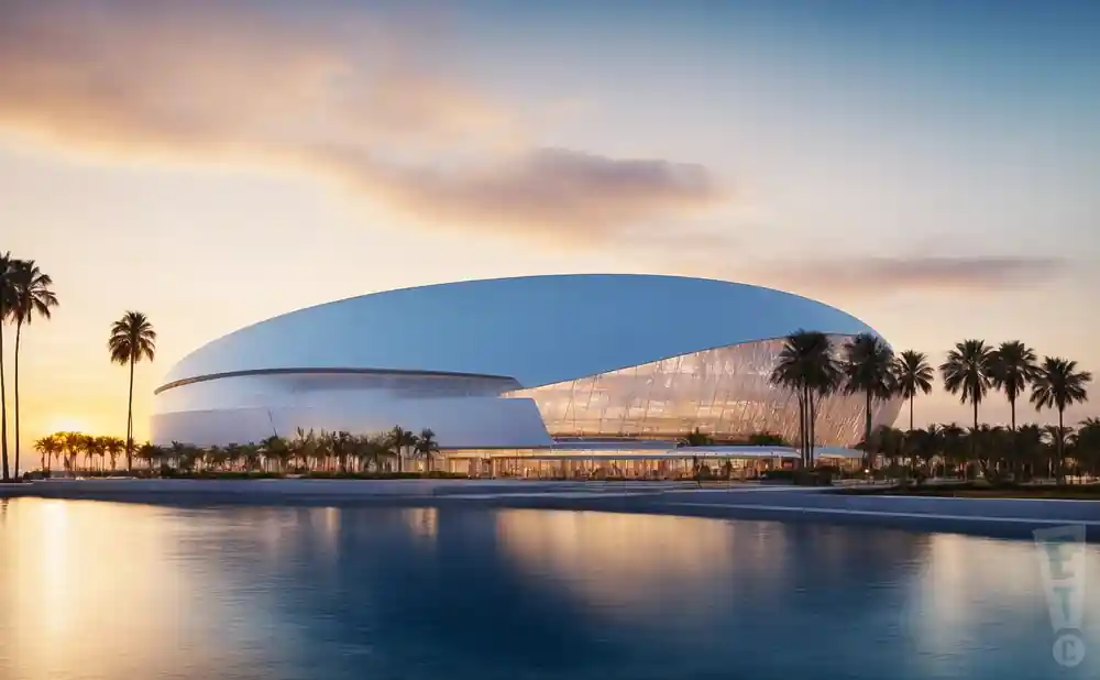 the exterior of the sofi stadium at inglewood, california at dawn.