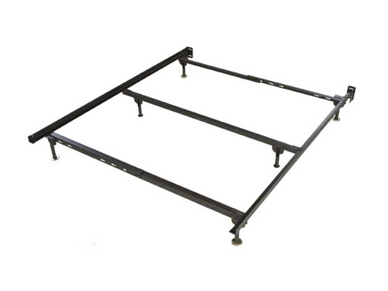 A queen size black metal bed frame with stationary feet.