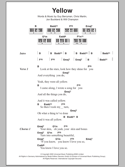 Yellow Sheet Music | Coldplay | Piano Chords/Lyrics