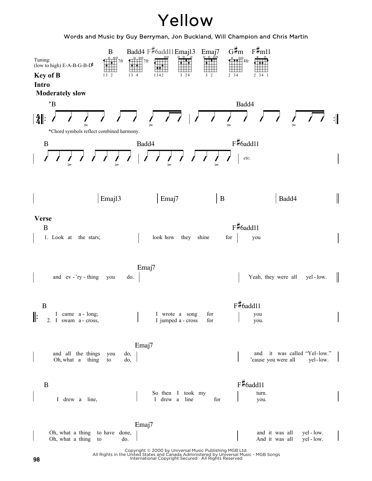 Yellow by Coldplay - Guitar Lead Sheet - Guitar Instructor