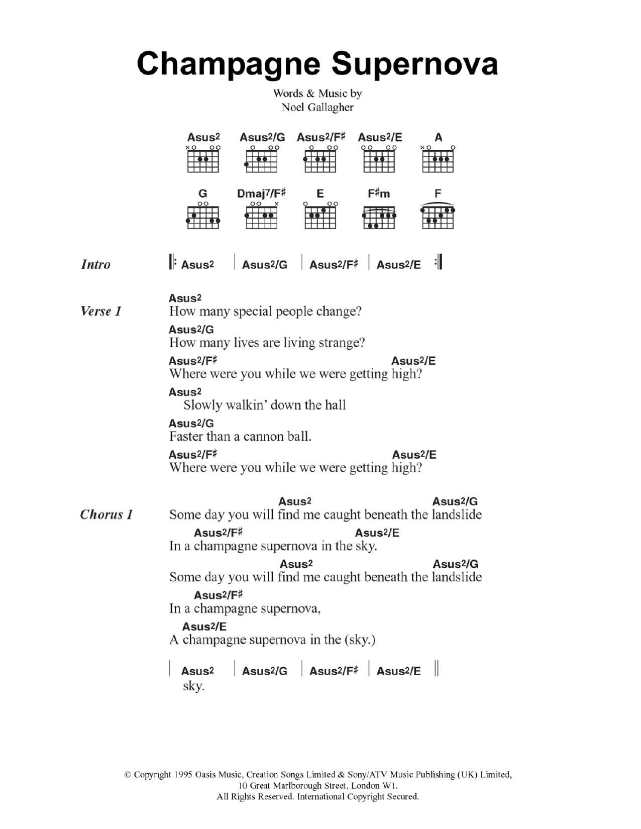 Champagne Supernova Sheet Music Oasis Guitar Chords Lyrics