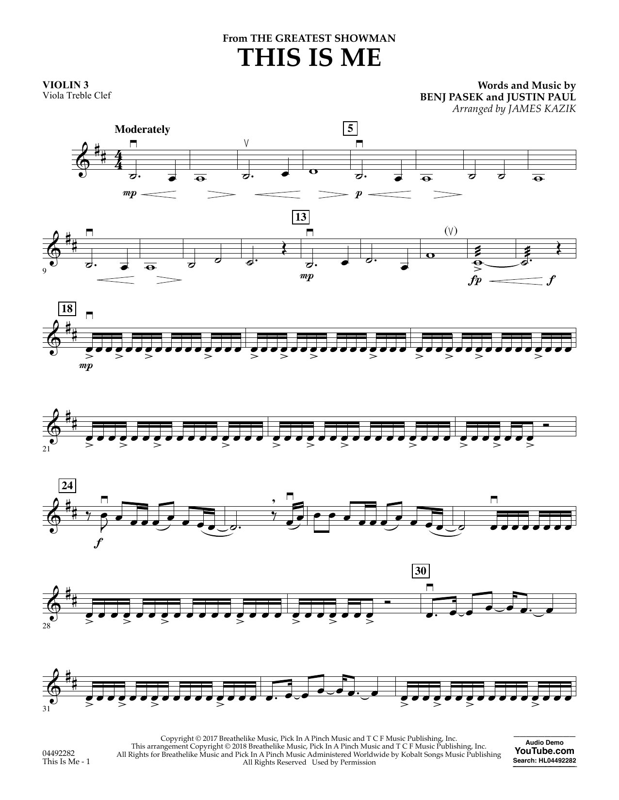 This Is Me (from The Greatest Showman) - Violin 3 (Viola Treble Clef) Digital Sheet Music